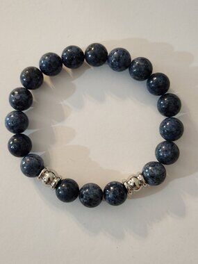 Hand Crafted Sodalite Stretch Beaded Bracelet with Silver Stainless Accent Beads